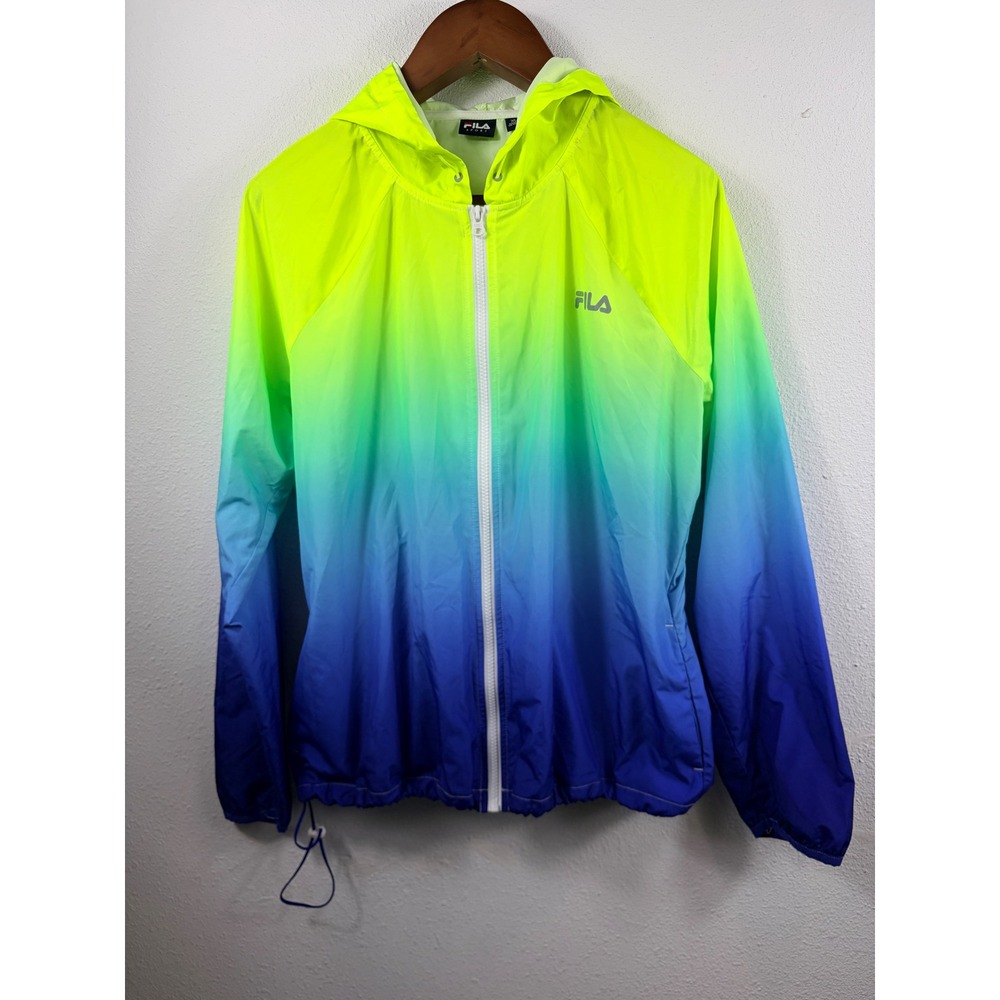 Fila Men Windbreaker Neon Yellow Blue XL Ombre Gradient Hooded Sport Jacket